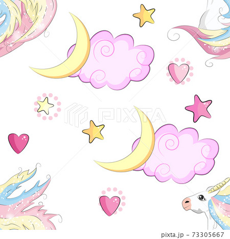 Seamless pattern with cute unicorns, stars, hearts, rainbow, moon, doodle abstractions. Magic endless background with little unicorns. 73305667