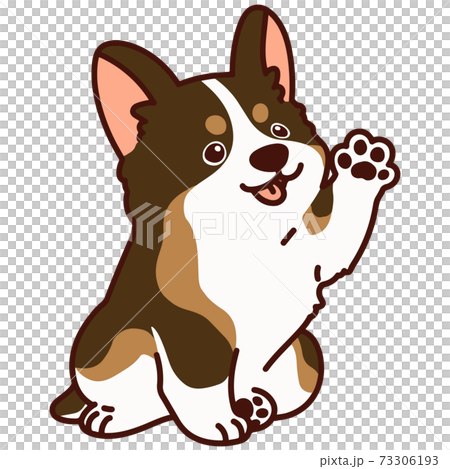 お座りしながら手を振るシンプルでかわいいコーギーのイラスト　セーブルカラー　主線あり 73306193