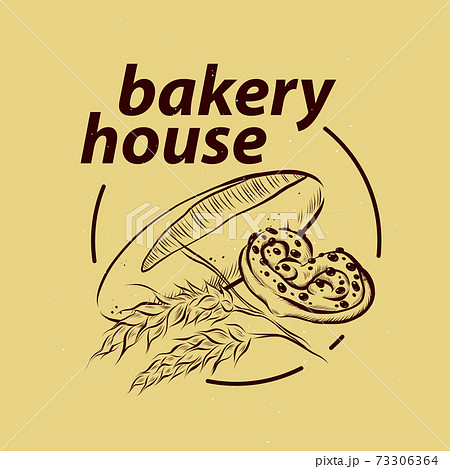 Bakery house logo design with hand drawn wheat, bun and bread baguette illustration. Bakery house logo design with hand drawn wheat, bun and bread baguette illustration. 73306364