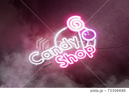 Neon candy shop sign dark concrete wall, glow font mockup 73306686