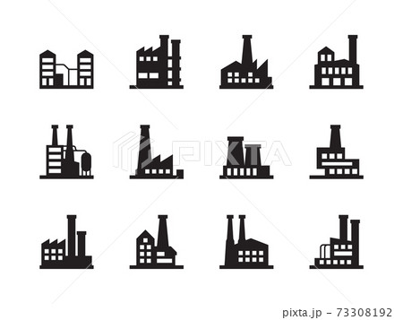 Factory silhouettes. Manufacture industrial plant chemical production air pollution garish vector symbols 73308192