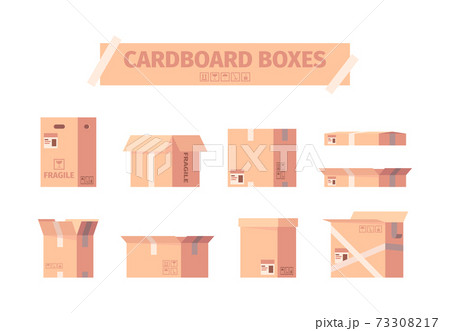 Cardboard boxes. Delivery packages shipping container symbols garish vector illustrations collection Cardboard boxes. Delivery packages shipping container symbols garish vector illustrations collection 73308217