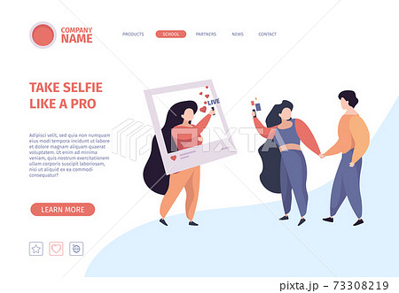 Selfie landing page. People make photo on smartphone characters holding telephone garish vector business website template 73308219