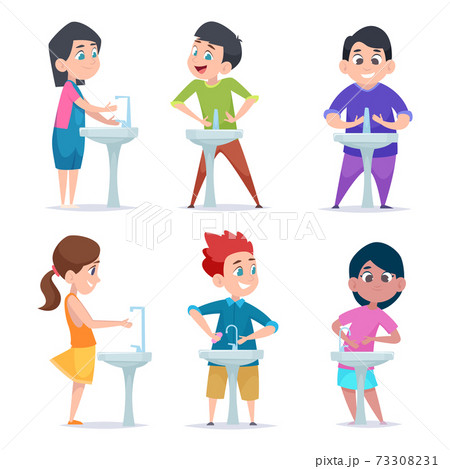 Kids washing hands. Hygiene for children baby bathing cleaning hands exact vector cartoon characters Kids washing hands. Hygiene for children baby bathing cleaning hands exact vector cartoon characters 73308231