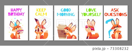 Wild cute fox cards. Positive cartoon animal banners, birthday love yourself, good morning vector flyers 73308232