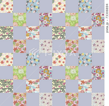 薄紫と小花柄の市松模様 和柄 和紙 シームレス 素材【手描きイラスト】 73308894