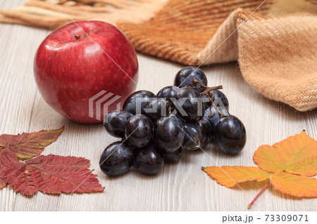 Apple, grapes and dry leaves in an autumn still llife. Apple, grapes and dry leaves in an autumn still llife. 73309071