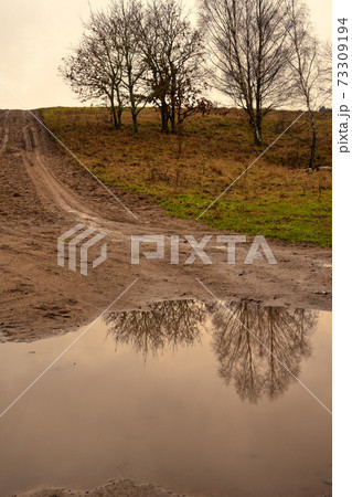 A muddy puddle and a dirt road at a moor. Picture from Revingehed, Scania, Sweden A muddy puddle and a dirt road at a moor. Picture from Revingehed, Scania, Sweden 73309194
