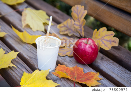 Bench with cup of coffee, apple and dry leaf in the city park in autumn. Bench with cup of coffee, apple and dry leaf in the city park in autumn. 73309975