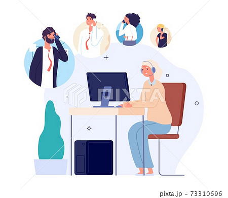 Call center operator queue. Support service waiting line, people need help or faq. Senior woman work, customer manager at computer desk with headphones vector concept Call center operator queue. Support service waiting line, people need help or faq. Senior woman work, customer manager at computer desk with headphones vector concept 73310696