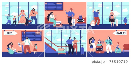 Airport tourist. Couple travellers, girl friends with baggage waiting flight. Family journey, happy people decent vacations vector concept Airport tourist. Couple travellers, girl friends with baggage waiting flight. Family journey, happy people decent vacations vector concept 73310719