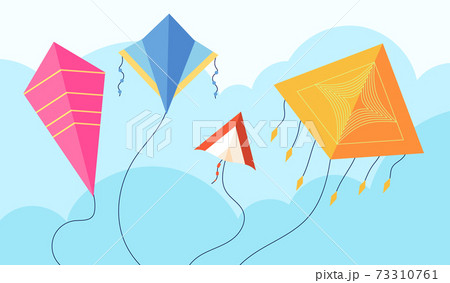 Kites in sky. Fun fly kite, child toy flying wind. Kiting, makar sankranti pongal festival concept. Summer activity utter vector background 73310761