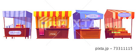 Food market wooden stalls with farm products 73311115
