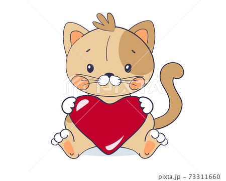 A sweet kitten sits and holds a big red heart. Cute pet for Valentine's Day. Vector illustration for a baby shower on a white background, flat cartoon design. A sweet kitten sits and holds a big red heart. Cute pet for Valentine's Day. Vector illustration for a baby shower on a white background, flat cartoon design. 73311660