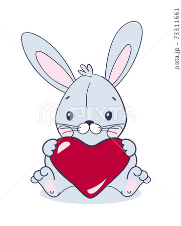 Sweet bunny sitting and holding a big red heart. Cute animal for Valentine s Day. Vector illustration for baby shower isolated on white background, flat cartoon design. Sweet bunny sitting and holding a big red heart. Cute animal for Valentine s Day. Vector illustration for baby shower isolated on white background, flat cartoon design. 73311661