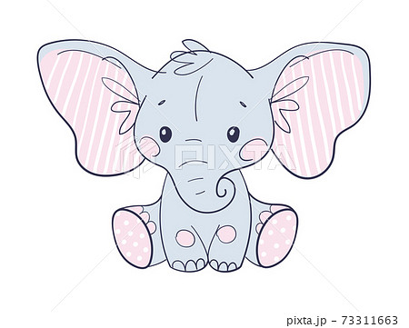 Cute sitting toddler elephant with big ears and trunk. Cartoon flat character, toy or doll. Vector illustration isolated on white background. Cute sitting toddler elephant with big ears and trunk. Cartoon flat character, toy or doll. Vector illustration isolated on white background. 73311663