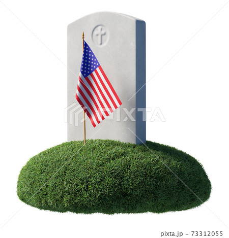 Headstone and small American flag on green grass islet isolated on white. Headstone and small American flag on green grass islet isolated on white. 73312055