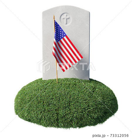 Small American flag and headstone on green grass islet isolated on white Small American flag and headstone on green grass islet isolated on white 73312056