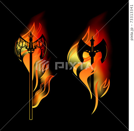 burning battle axe among fire flames vector design set 73313341