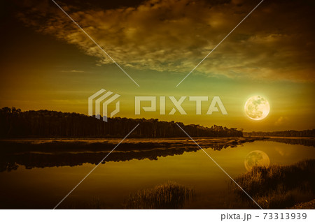 Night sky and bright full moon at riverside. Serenity nature background. 73313939