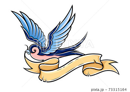 Old School Blue Swallow Holding Banner or Ribbon in Its Beak Vector Illustration 73315164