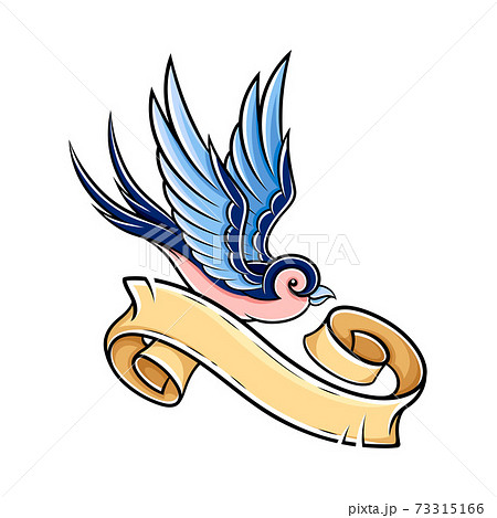 Old School Swallow with Bright Feathers and Ribbon Swirl Vector Illustration 73315166