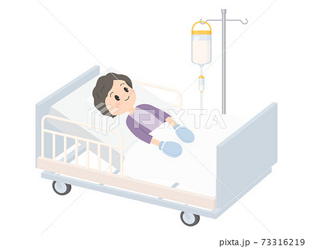 胃ろう_ミトンをつけたおばあちゃんのイラスト_身体拘束 73316219
