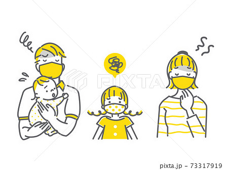 コロナ自粛疲れの家族 シンプルな線画イラストのイラスト素材