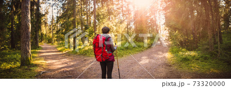 Woman hiking and going camping in nature 73320000