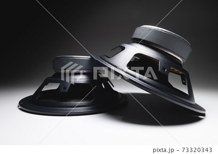 Two new car speakers on a white background in contrasting light. Wide angle audio background 73320343