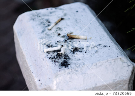 Cigarette butts lie on the concrete surface 73320669