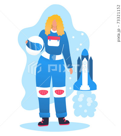 Blonde woman character cosmonaut in space suit hold protective helmet, rocket spacecraft flat vector illustration, isolated on white. Blonde woman character cosmonaut in space suit hold protective helmet, rocket spacecraft flat vector illustration, isolated on white. 73321152