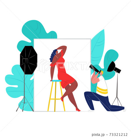 Professional fashion woman photo model poses to male character photographer flat vector illustration, isolated on white. Professional fashion woman photo model poses to male character photographer flat vector illustration, isolated on white. 73321212