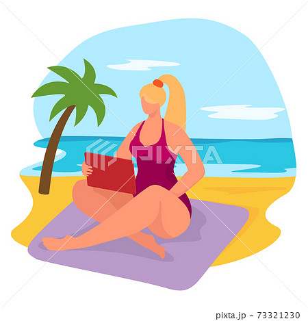 Tropical relaxation beach front side, cheerful vacation woman sitting hold gadget tablet flat vector illustration, isolated on white. 73321230