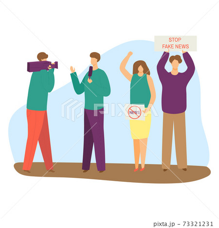Stop fake news street protest, people hold banner false information, professional newsman, cameraman flat vector illustration, isolated on white. 73321231