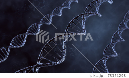 DNA double helix illustration. Human DNA spiral formed from nucleotide molecules. Perfect to use as a background for science, biotechnology or genetics. Blue version. 3D rendering DNA double helix illustration. Human DNA spiral formed from nucleotide molecules. Perfect to use as a background for science, biotechnology or genetics. Blue version. 3D rendering 73321298