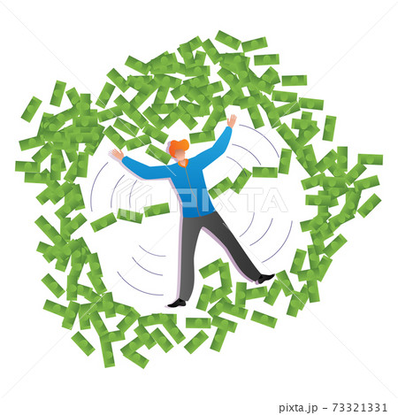 Rich male lying floor money angel, large amount cash dollar, wasteful lifestyle flat vector illustration, isolated on white. 73321331