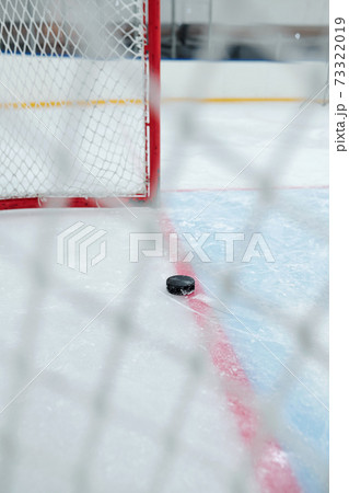 Puck on line dividing play space and zone of net on the rink for playing hockey 73322019