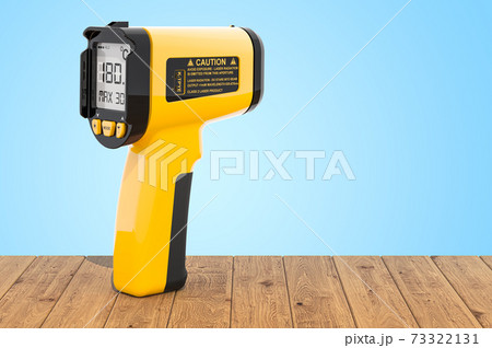 Digital Infrared Thermometer on the wooden planks, 3D rendering Digital Infrared Thermometer on the wooden planks, 3D rendering 73322131