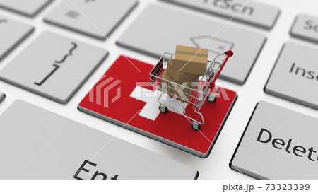 Key with flag of Switzerland and shopping cart with boxes, internet business related 3d rendering Key with flag of Switzerland and shopping cart with boxes, internet business related 3d rendering 73323399