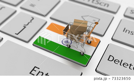 Keyboard key with flag of India and shopping cart with boxes. Online shopping related 3d rendering 73323650