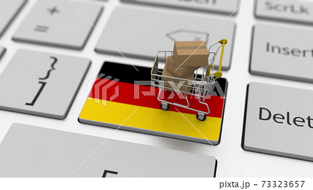 Computer keyboard key with flag of Germany and shopping cart with cartons, online shopping conceptual 3d rendering Computer keyboard key with flag of Germany and shopping cart with cartons, online shopping conceptual 3d rendering 73323657