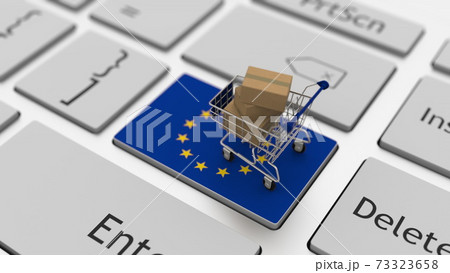 Key with flag of the European Union and shopping cart with boxes, internet business related 3d rendering 73323658