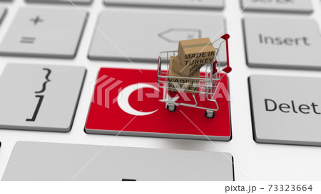 Cartons with MADE IN TURKEY text and shopping cart on the computer keyboard. Conceptual 3d rendering Cartons with MADE IN TURKEY text and shopping cart on the computer keyboard. Conceptual 3d rendering 73323664
