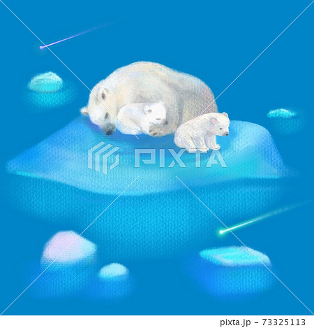 青く美しい北極海に漂流した氷に取り残されたしろくま親子のイラスト素材
