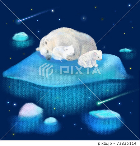 青く美しい北極海に漂流した氷に取り残されたしろくま親子のイラスト素材