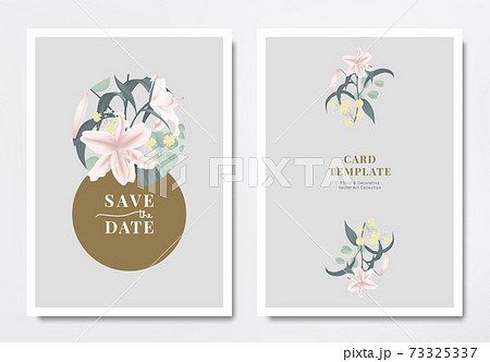 Botanical wedding invitation card template design, pink lilies with Silver Dollar Eucalyptus leaves 73325337