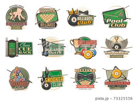 Billiard sport icons, pool, snooker tables, balls Billiard sport icons, pool, snooker tables, balls 73325556
