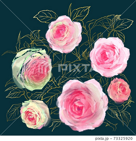 ボタニカルな手描きピンクの薔薇と草と棘のシルエットのイラスト 73325920