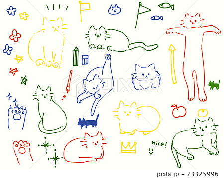 カラフルな猫の手書きイラストのイラスト素材